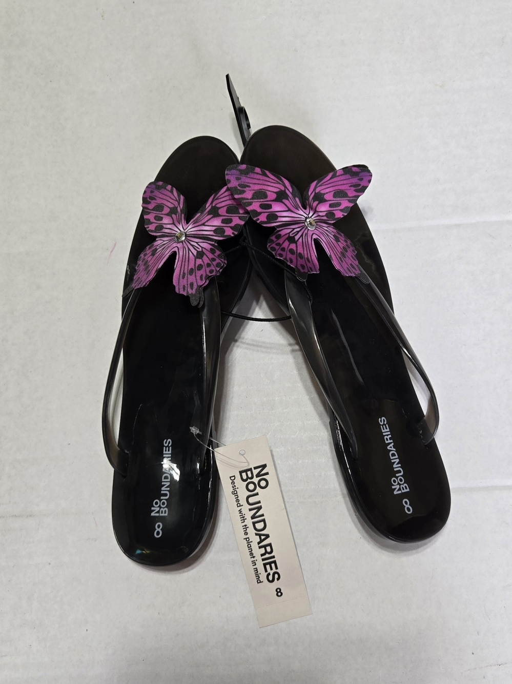 No Boundaries Black Jelly Sandals with Pink Butterfly Accent